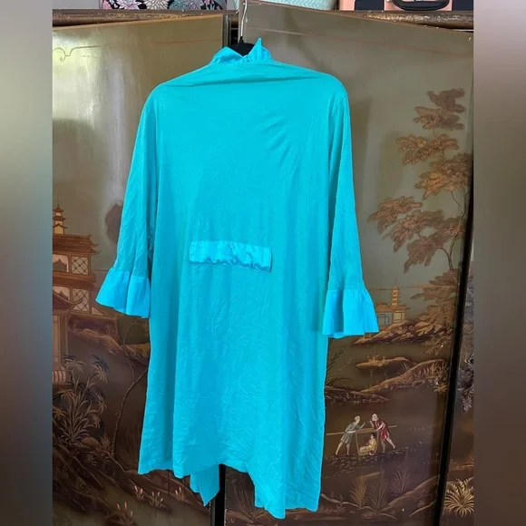 Silky Ruffle Trim Robe/Cardigan – Bright Turquoise, Size Large - Picture 3 of 3